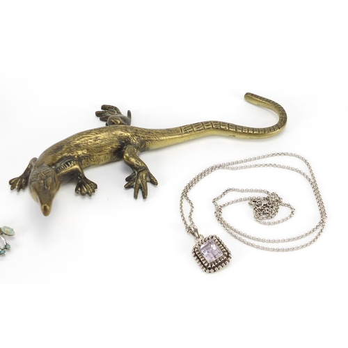 763 - Silver and white metal jewellery and a bronzed metal lizard