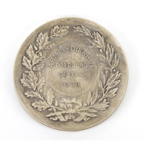 850 - French 1929 shooting medallion with case, 5cm in diameter