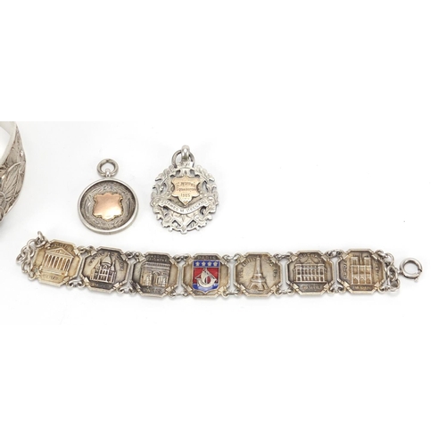 681 - Silver jewellery comprising filigree bracelet, French souvenir bracelet and two jewels, 97.5g