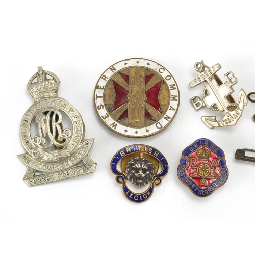 845 - Mostly Military interest badges some enamelled, including Surrey