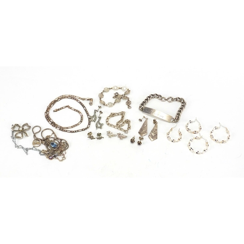 625 - Mostly silver jewellery including necklaces, identity bracelet and earrings, 75.0g