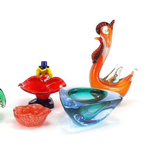 219 - Colourful glassware including Murano chicken and clown