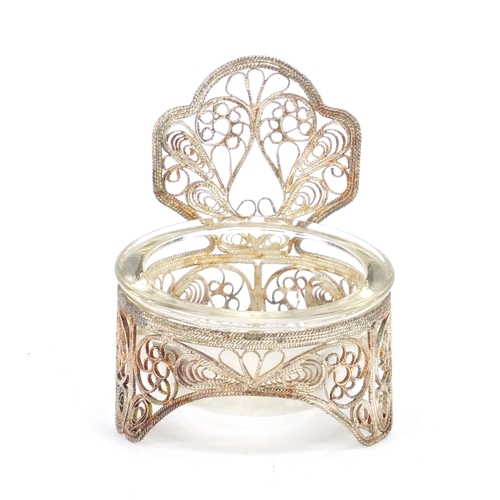 696 - Russian silver coloured filigree open salt with glass liner
