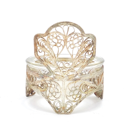 696 - Russian silver coloured filigree open salt with glass liner