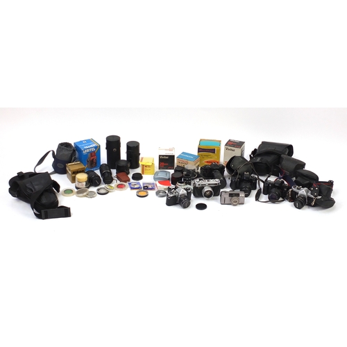 131 - Vintage and later cameras, lenses and accessories including Yashica Electro 35, two Pentax Asahi, Ca... 