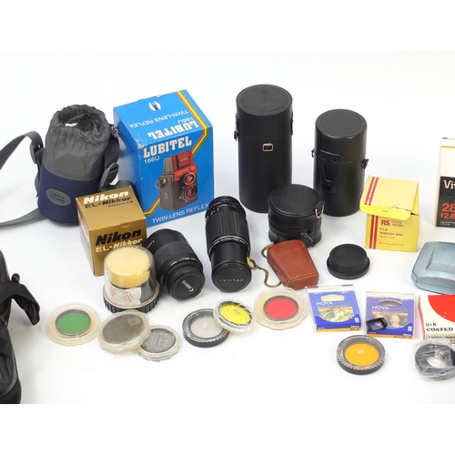 131 - Vintage and later cameras, lenses and accessories including Yashica Electro 35, two Pentax Asahi, Ca... 
