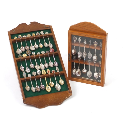 213 - Silver plated souvenir teaspoons, with two display stands