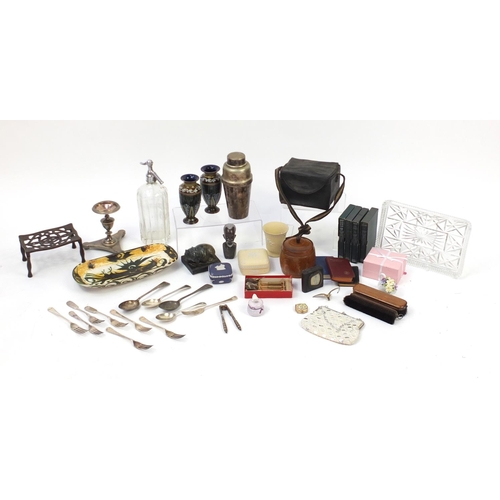 401 - Sundry items including silver plated cutlery, Leney's soda syphon, Wedgwood Jasper Ware, pair of Roy... 