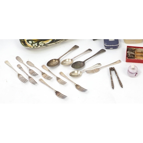 401 - Sundry items including silver plated cutlery, Leney's soda syphon, Wedgwood Jasper Ware, pair of Roy... 
