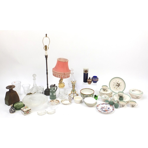 504 - China, glassware and a bronzed metal lamp including continental porcelain trinket, Wedgwood Jasper W... 