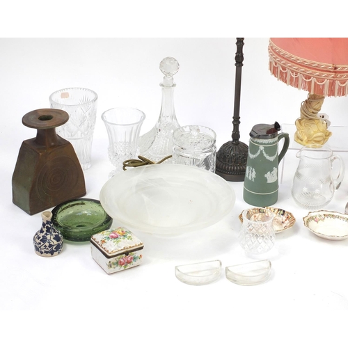 504 - China, glassware and a bronzed metal lamp including continental porcelain trinket, Wedgwood Jasper W... 