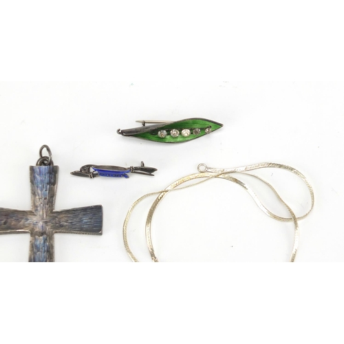 626 - Mostly silver and white metal jewellery including enamelled brooches, cross pendants and identity br... 