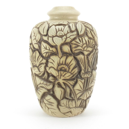 713 - French Art Deco vase by Mougin Nancy, decorated in low relief with stylised flowers, impressed marks... 