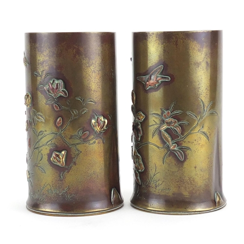 459 - Pair of Japanese Meiji period bronze vases, each decorated with birds amongst blossoming trees, inci... 