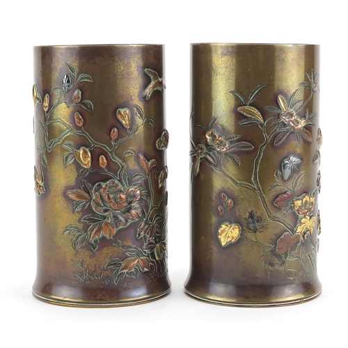 459 - Pair of Japanese Meiji period bronze vases, each decorated with birds amongst blossoming trees, inci... 