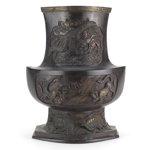 460 - Japanese patinated bronze vase decorated with birds of paradise, tigers and sea turtles, character m... 