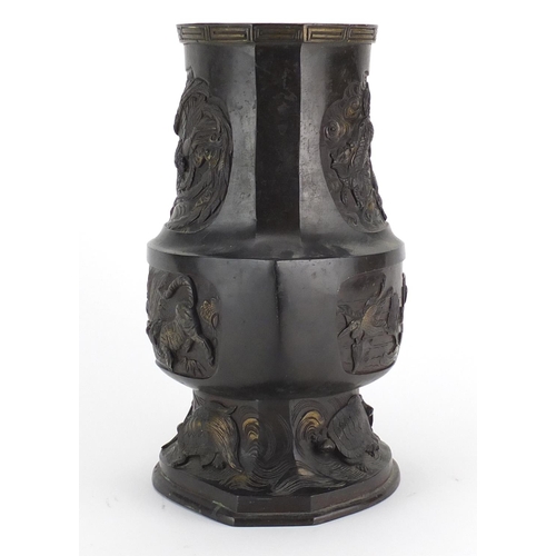 460 - Japanese patinated bronze vase decorated with birds of paradise, tigers and sea turtles, character m... 