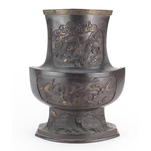 460 - Japanese patinated bronze vase decorated with birds of paradise, tigers and sea turtles, character m... 