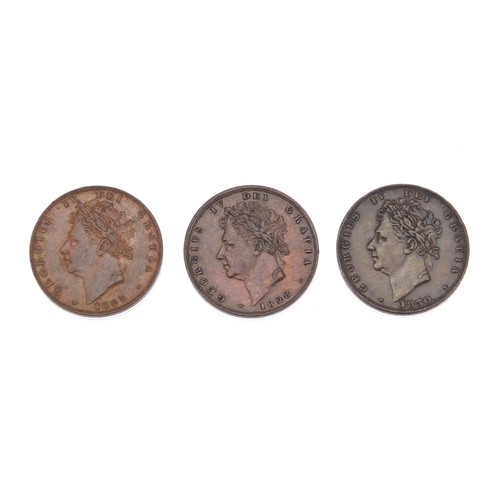 231 - Three George IV farthings comprising dates 1827, 1828 and 1830