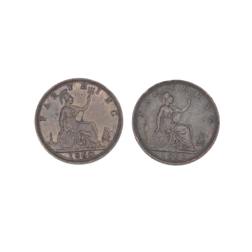 238 - Five Victoria Bun Head farthings comprising dates 1860, 1861, 1862, 1864 and 1865