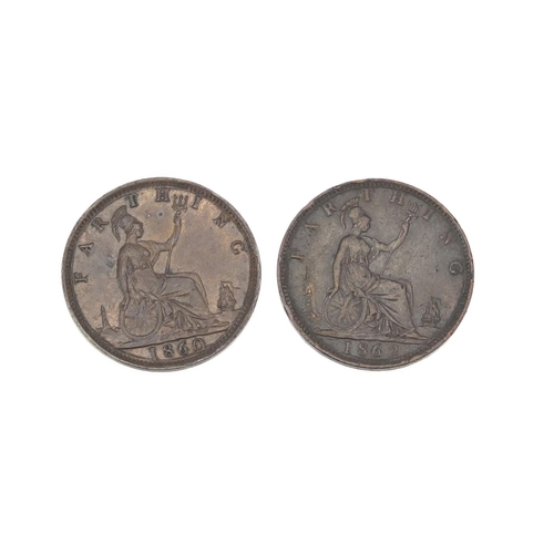 238 - Five Victoria Bun Head farthings comprising dates 1860, 1861, 1862, 1864 and 1865