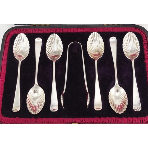 833 - Set of six Victorian silver teaspoons and sugar tongs with shell shaped bowls, by Josiah Williams & ... 