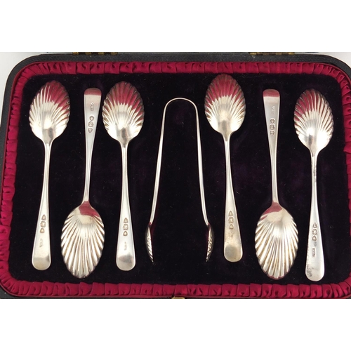 833 - Set of six Victorian silver teaspoons and sugar tongs with shell shaped bowls, by Josiah Williams & ... 