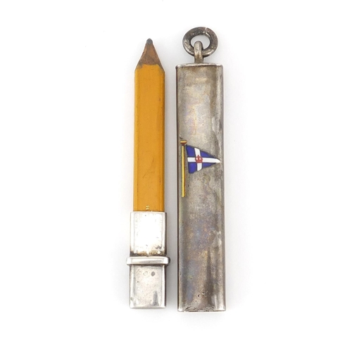 789 - Rectangular silver cased pencil with enamelled Naval flag, indistinct makers mark Chester 1922, 9.5c... 