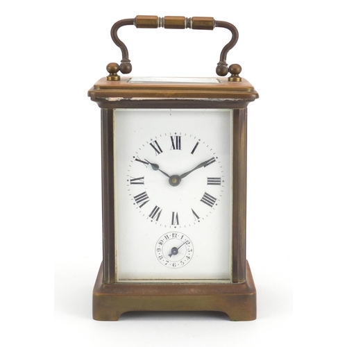2456 - French brass cased carriage alarm clock with subsidiary dial and travelling case, 11.5cm high