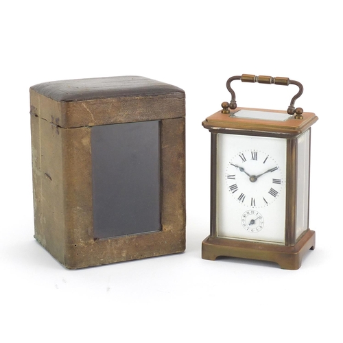 2456 - French brass cased carriage alarm clock with subsidiary dial and travelling case, 11.5cm high