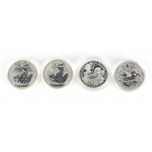2642 - Four Britannia one ounce silver proof two pound coins comprising dates 1997, 1998, 1999 and 2000