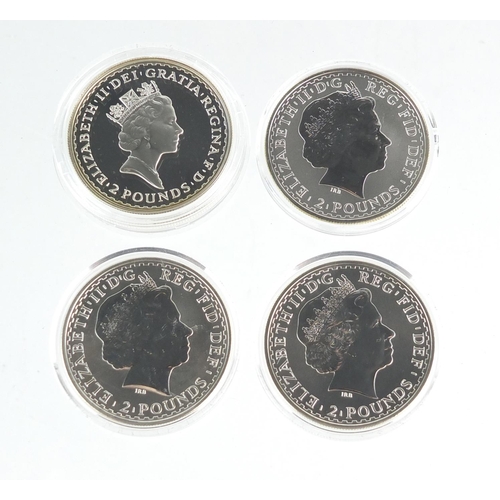 2642 - Four Britannia one ounce silver proof two pound coins comprising dates 1997, 1998, 1999 and 2000