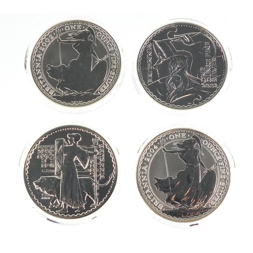2643 - Four Britannia one ounce silver proof two pound coins comprising dates 2001, 2002, 2003 and 2004