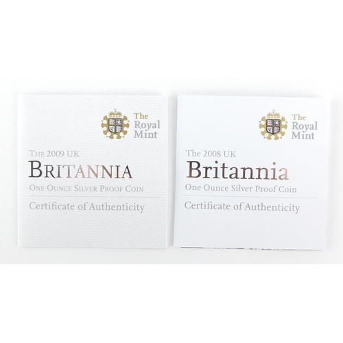 2640 - Two Britannia one ounce silver proof two pound coins with fitted boxes comprising dates 2008 and 200... 
