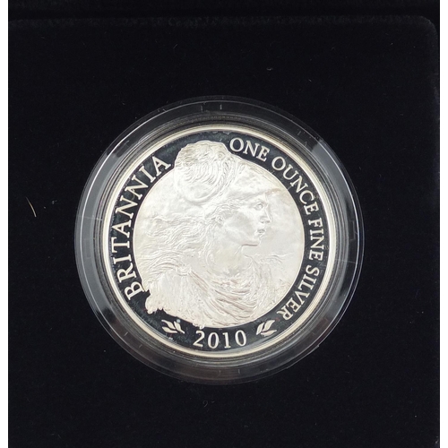 2639 - Two Britannia one ounce silver proof two pound coins with fitted boxes comprising dates 2010 and 201... 