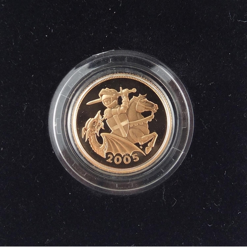 2615 - Elizabeth II 2005 gold proof sovereign with fitted case, box and certificate numbered 6318