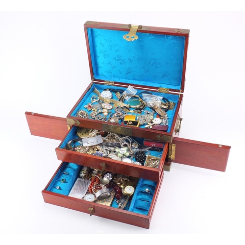 2968 - Vintage and later costume jewellery housed in a Chinese jewellery box with brass mounts