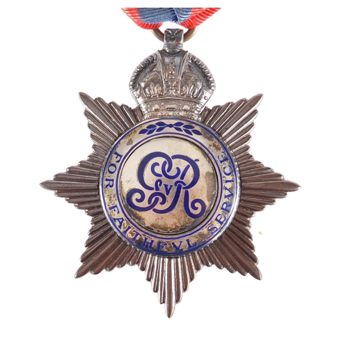 277 - George VR Imperial service medal, awarded to THOMAS R LANGFORD, housed in a tooled leather Elkington... 
