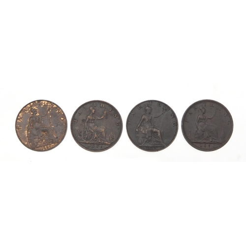 248 - Victorian coinage comprising 1851 ¼ farthing, 1866 third farthing and eight farthings, 1884, 1884, 1... 