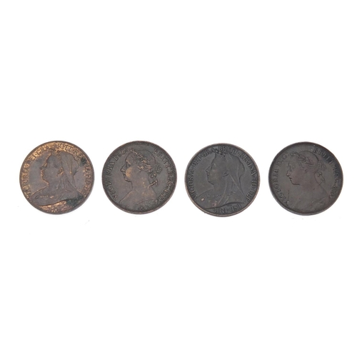 248 - Victorian coinage comprising 1851 ¼ farthing, 1866 third farthing and eight farthings, 1884, 1884, 1... 