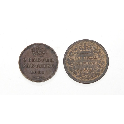 248 - Victorian coinage comprising 1851 ¼ farthing, 1866 third farthing and eight farthings, 1884, 1884, 1... 