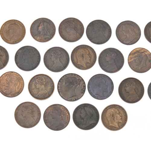 249 - Thirty four Victorian and later farthings including bun head and young head examples