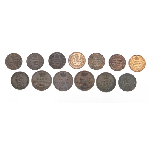 250 - Thirteen George IV and later half farthings and third farthings comprising dates 1827, 1835, 1843, 1... 