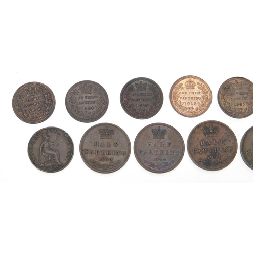 250 - Thirteen George IV and later half farthings and third farthings comprising dates 1827, 1835, 1843, 1... 