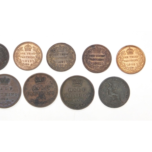 250 - Thirteen George IV and later half farthings and third farthings comprising dates 1827, 1835, 1843, 1... 