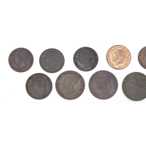 250 - Thirteen George IV and later half farthings and third farthings comprising dates 1827, 1835, 1843, 1... 