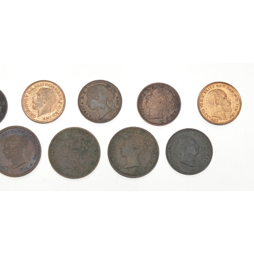 250 - Thirteen George IV and later half farthings and third farthings comprising dates 1827, 1835, 1843, 1... 