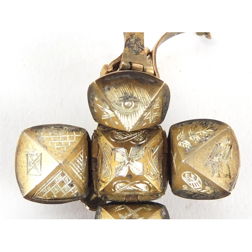 266 - 9ct gold cased Masonic folding ball pendant, approximately 2cm in diameter, 11.8g