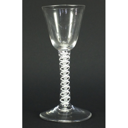 653 - Antique wine glass with air twist stem, 17cm high