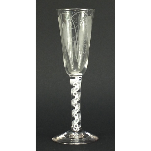 651 - Antique air twist wine glass etched with leaves and berries, 18.5cm high